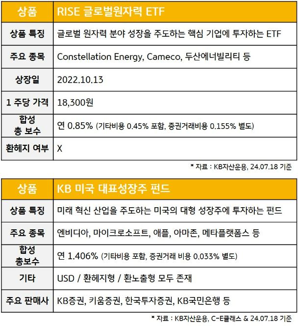 'rise 글로벌원자력' etf와 'kb미국 대표성장주' 펀드의 특징과 주요 투자 종목, 기본 개요를 정리한 자료.